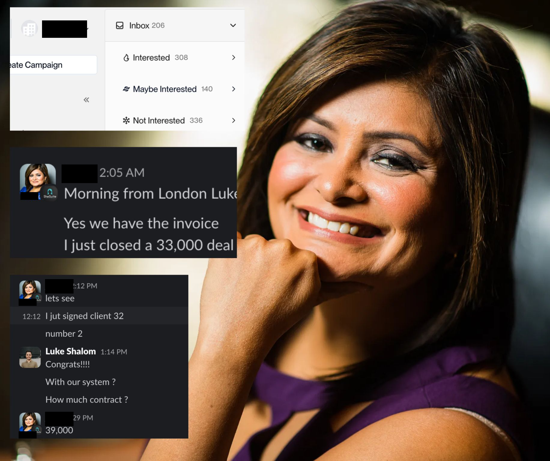 Slack messages from J sharing $33K and $39K deals closed, alongside inbox showing 308 interested leads